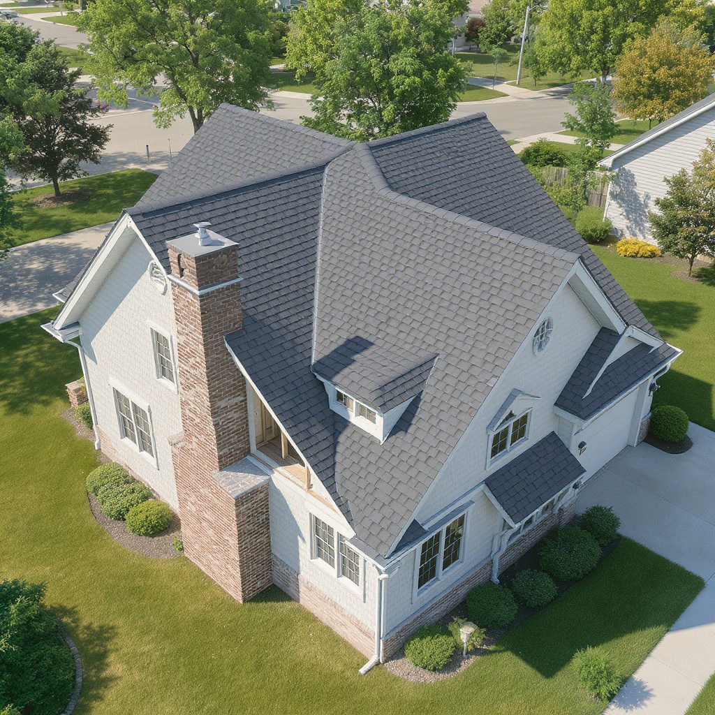 Aerial view of a residential asphalt shingle roof with chimney, valleys, dormer and gutters